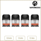 Vaporesso XROS 2.0 pods on a white background with product information in boxes below.