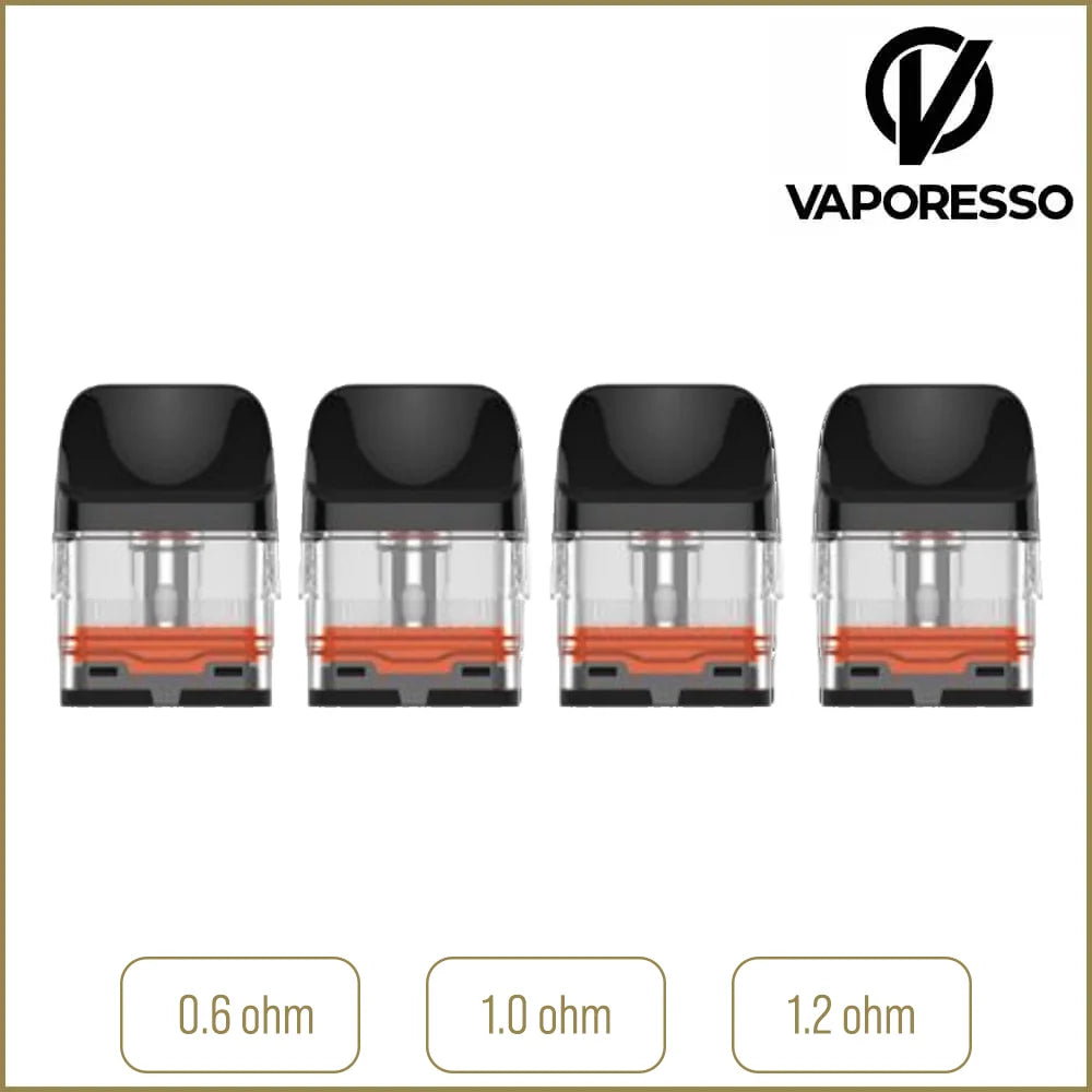 Vaporesso XROS 2.0 pods on a white background with product information in boxes below.